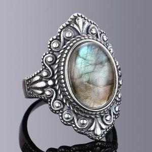 925 STERLING SILVER VINTAGE OVAL NATURAL LABRADORITE RETRO SIZE 7 RING